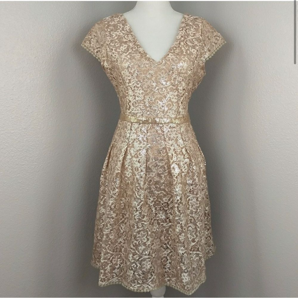 C. Luce Gold champagne all over Sequins formal Dress v neck cap sleeve NYE L - Picture 15 of 15